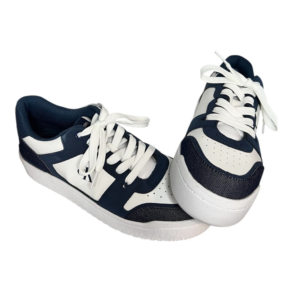 Calvin Klein Men's White Navy Leather Suede Trim Low Top Sneakers Size 11W